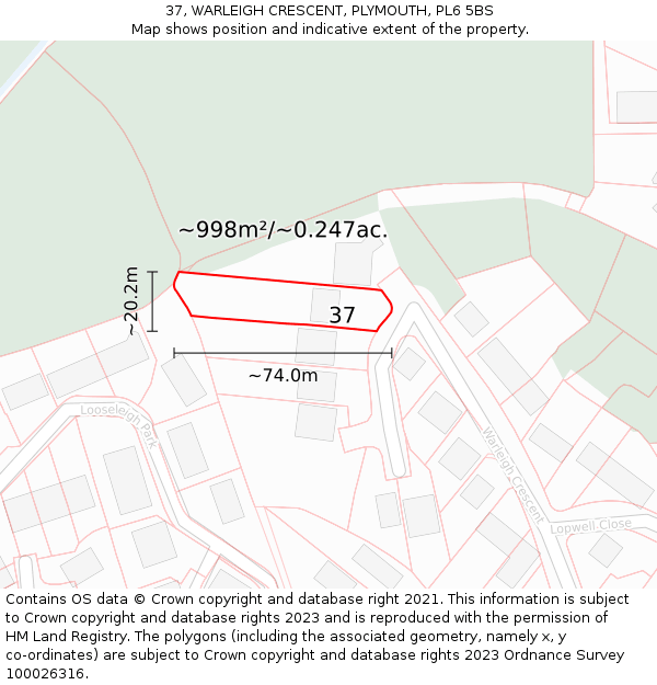 37, WARLEIGH CRESCENT, PLYMOUTH, PL6 5BS: Plot and title map