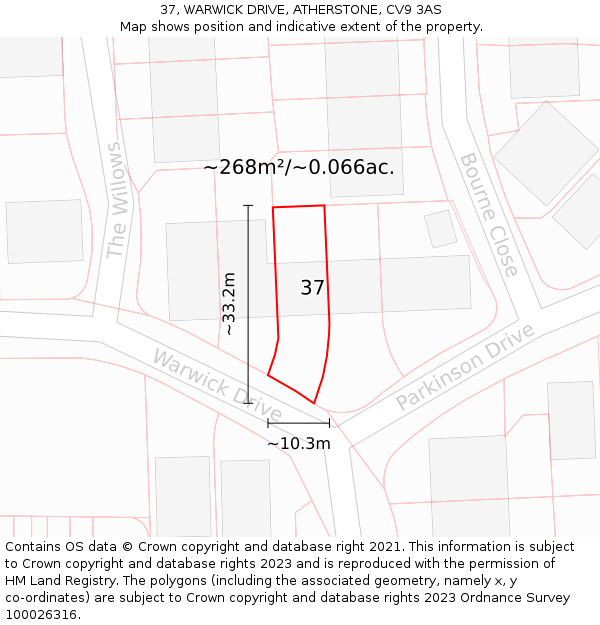 37, WARWICK DRIVE, ATHERSTONE, CV9 3AS: Plot and title map