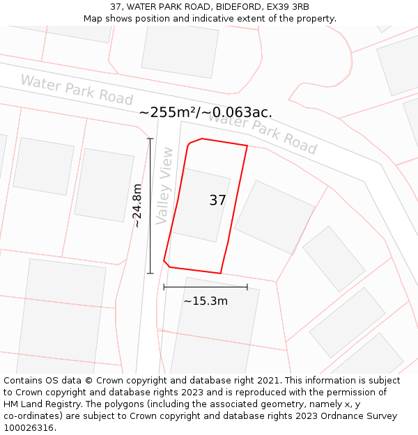 37, WATER PARK ROAD, BIDEFORD, EX39 3RB: Plot and title map