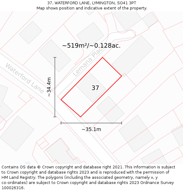 37, WATERFORD LANE, LYMINGTON, SO41 3PT: Plot and title map