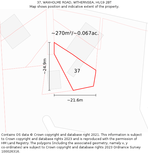 37, WAXHOLME ROAD, WITHERNSEA, HU19 2BT: Plot and title map