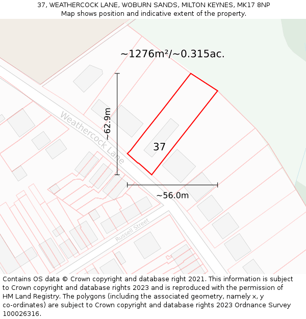 37, WEATHERCOCK LANE, WOBURN SANDS, MILTON KEYNES, MK17 8NP: Plot and title map