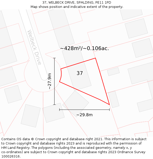 37, WELBECK DRIVE, SPALDING, PE11 1PD: Plot and title map