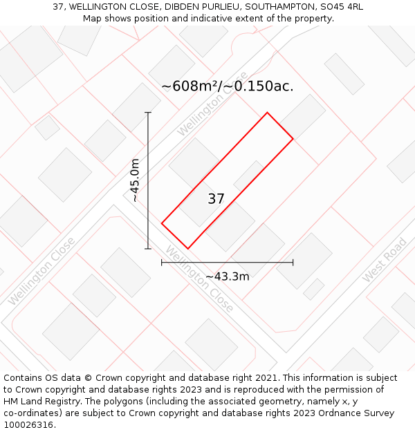 37, WELLINGTON CLOSE, DIBDEN PURLIEU, SOUTHAMPTON, SO45 4RL: Plot and title map