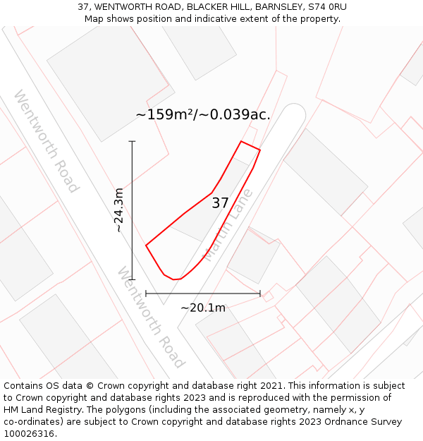 37, WENTWORTH ROAD, BLACKER HILL, BARNSLEY, S74 0RU: Plot and title map