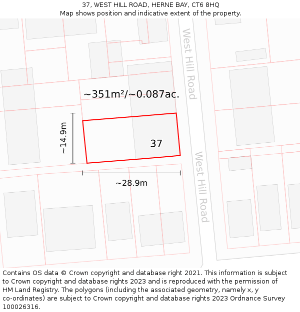 37, WEST HILL ROAD, HERNE BAY, CT6 8HQ: Plot and title map