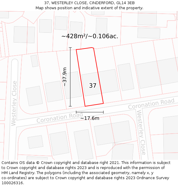 37, WESTERLEY CLOSE, CINDERFORD, GL14 3EB: Plot and title map