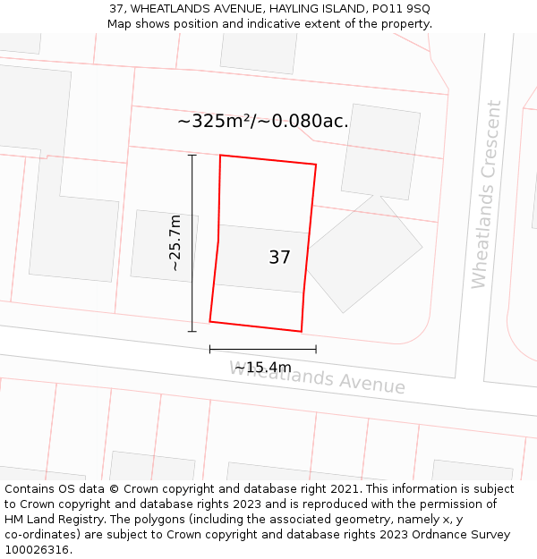 37, WHEATLANDS AVENUE, HAYLING ISLAND, PO11 9SQ: Plot and title map