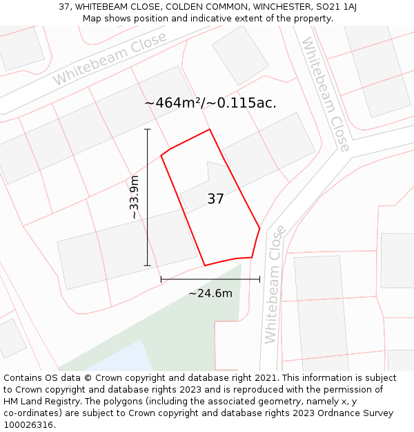 37, WHITEBEAM CLOSE, COLDEN COMMON, WINCHESTER, SO21 1AJ: Plot and title map