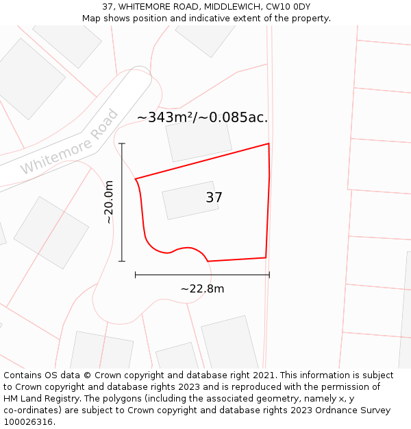 37, WHITEMORE ROAD, MIDDLEWICH, CW10 0DY: Plot and title map