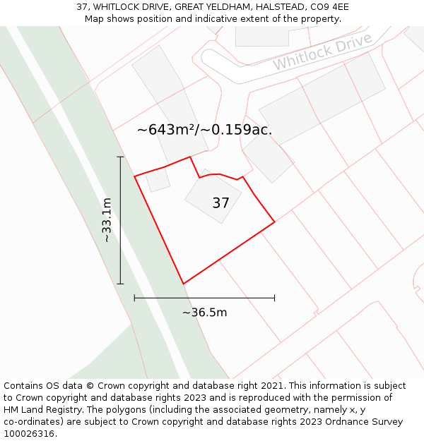 37, WHITLOCK DRIVE, GREAT YELDHAM, HALSTEAD, CO9 4EE: Plot and title map