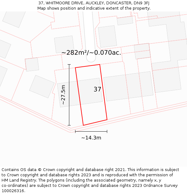 37, WHITMOORE DRIVE, AUCKLEY, DONCASTER, DN9 3FJ: Plot and title map