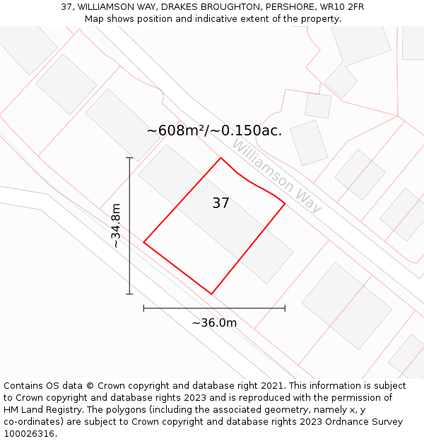 37, WILLIAMSON WAY, DRAKES BROUGHTON, PERSHORE, WR10 2FR: Plot and title map