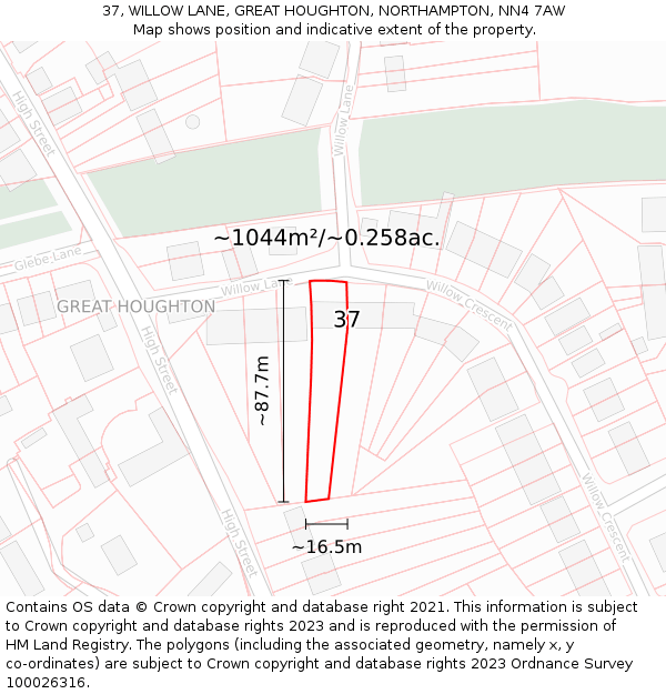 37, WILLOW LANE, GREAT HOUGHTON, NORTHAMPTON, NN4 7AW: Plot and title map