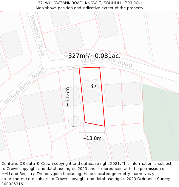 37, WILLOWBANK ROAD, KNOWLE, SOLIHULL, B93 9QU: Plot and title map