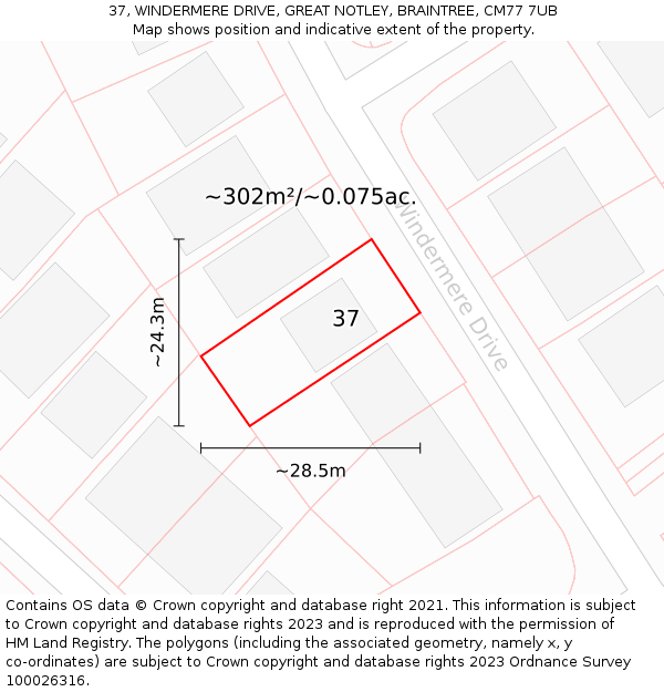 37, WINDERMERE DRIVE, GREAT NOTLEY, BRAINTREE, CM77 7UB: Plot and title map