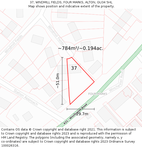 37, WINDMILL FIELDS, FOUR MARKS, ALTON, GU34 5HL: Plot and title map