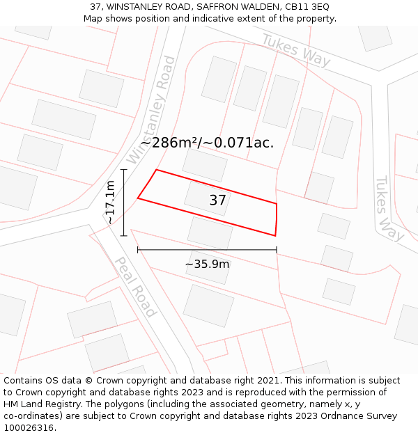 37, WINSTANLEY ROAD, SAFFRON WALDEN, CB11 3EQ: Plot and title map