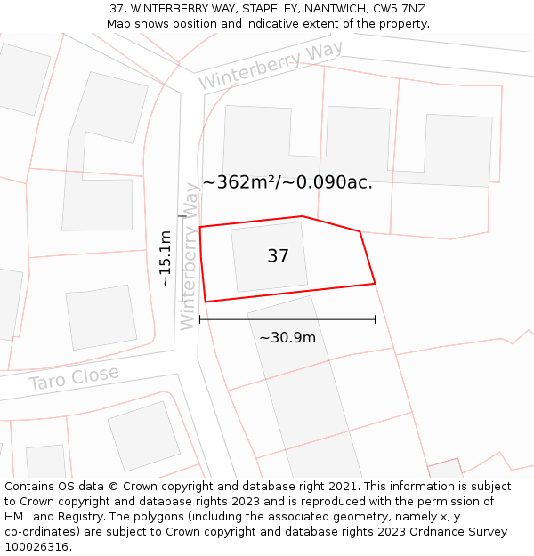 37, WINTERBERRY WAY, STAPELEY, NANTWICH, CW5 7NZ: Plot and title map