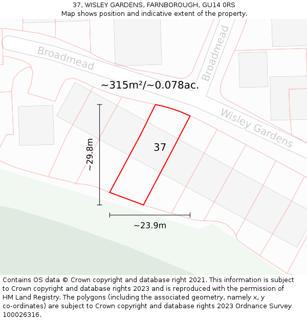 37, WISLEY GARDENS, FARNBOROUGH, GU14 0RS: Plot and title map