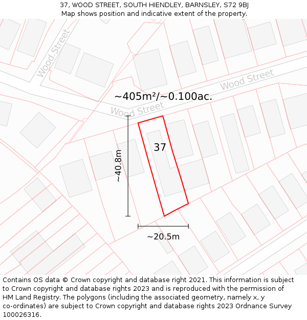 37, WOOD STREET, SOUTH HIENDLEY, BARNSLEY, S72 9BJ: Plot and title map