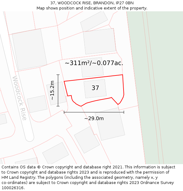 37, WOODCOCK RISE, BRANDON, IP27 0BN: Plot and title map