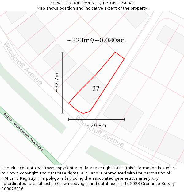 37, WOODCROFT AVENUE, TIPTON, DY4 8AE: Plot and title map