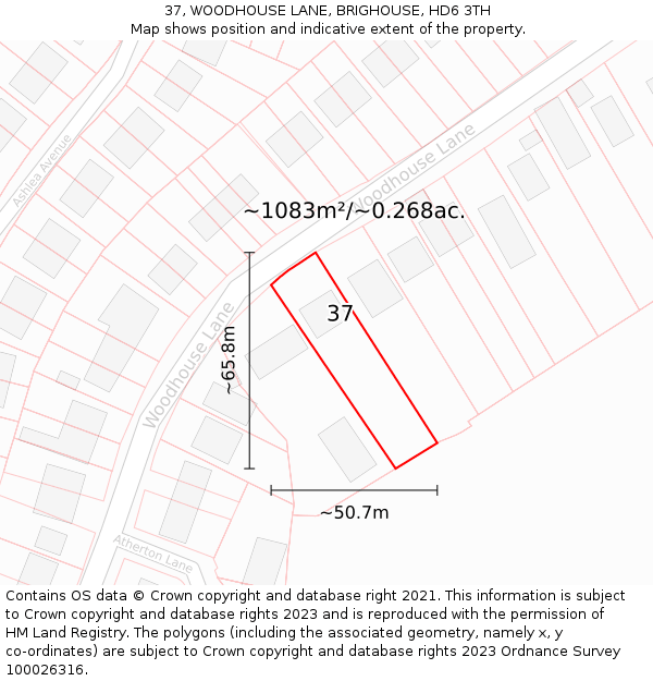 37, WOODHOUSE LANE, BRIGHOUSE, HD6 3TH: Plot and title map