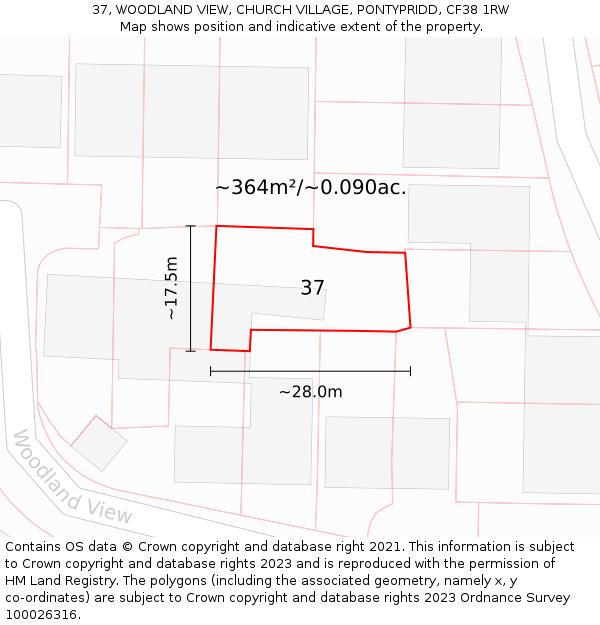 37, WOODLAND VIEW, CHURCH VILLAGE, PONTYPRIDD, CF38 1RW: Plot and title map