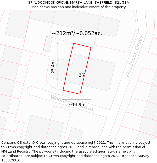 37, WOODNOOK GROVE, MARSH LANE, SHEFFIELD, S21 5SA: Plot and title map