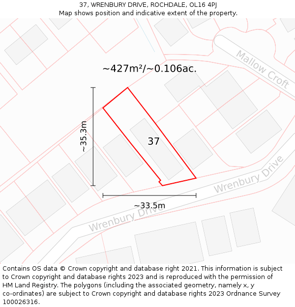 37, WRENBURY DRIVE, ROCHDALE, OL16 4PJ: Plot and title map