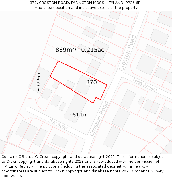 370, CROSTON ROAD, FARINGTON MOSS, LEYLAND, PR26 6PL: Plot and title map