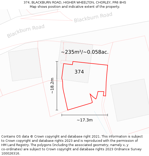 374, BLACKBURN ROAD, HIGHER WHEELTON, CHORLEY, PR6 8HS: Plot and title map