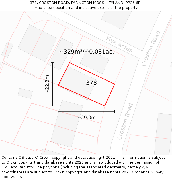 378, CROSTON ROAD, FARINGTON MOSS, LEYLAND, PR26 6PL: Plot and title map