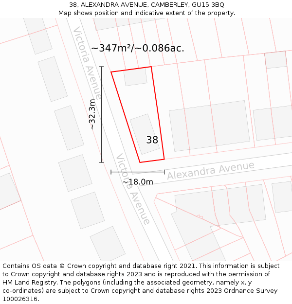 38, ALEXANDRA AVENUE, CAMBERLEY, GU15 3BQ: Plot and title map