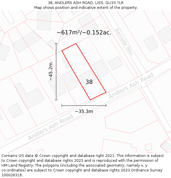 38, ANDLERS ASH ROAD, LISS, GU33 7LR: Plot and title map