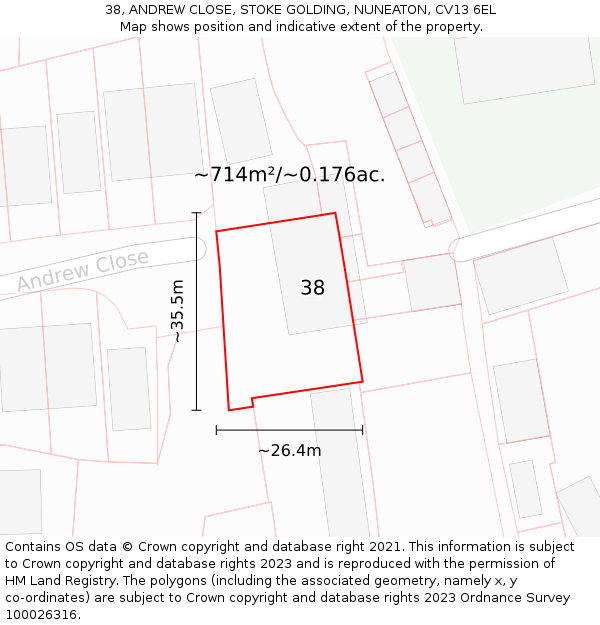 38, ANDREW CLOSE, STOKE GOLDING, NUNEATON, CV13 6EL: Plot and title map