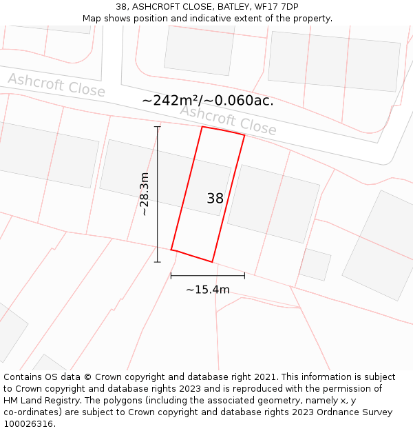 38, ASHCROFT CLOSE, BATLEY, WF17 7DP: Plot and title map