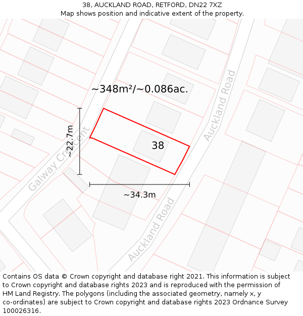 38, AUCKLAND ROAD, RETFORD, DN22 7XZ: Plot and title map