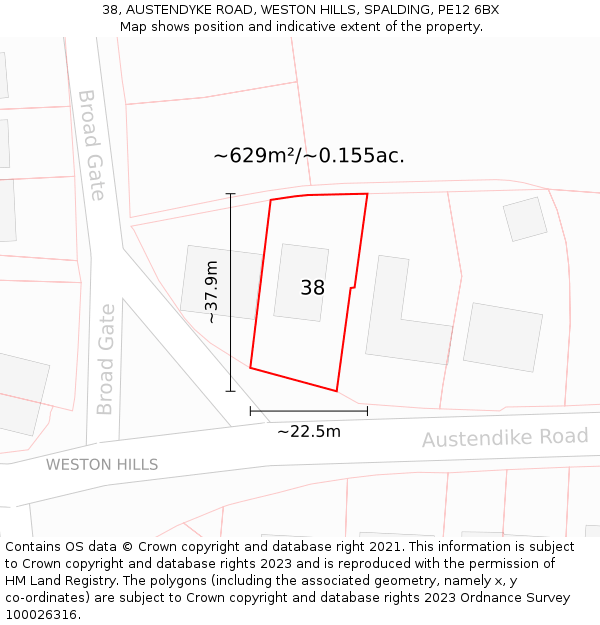 38, AUSTENDYKE ROAD, WESTON HILLS, SPALDING, PE12 6BX: Plot and title map