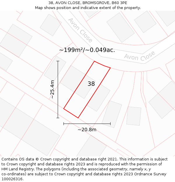 38, AVON CLOSE, BROMSGROVE, B60 3PE: Plot and title map