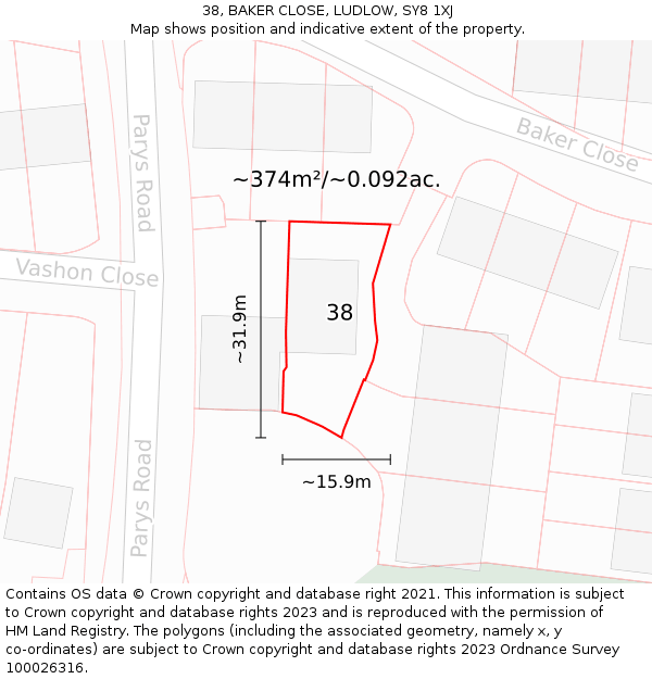 38, BAKER CLOSE, LUDLOW, SY8 1XJ: Plot and title map