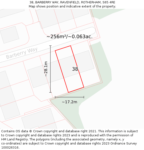 38, BARBERRY WAY, RAVENFIELD, ROTHERHAM, S65 4RE: Plot and title map