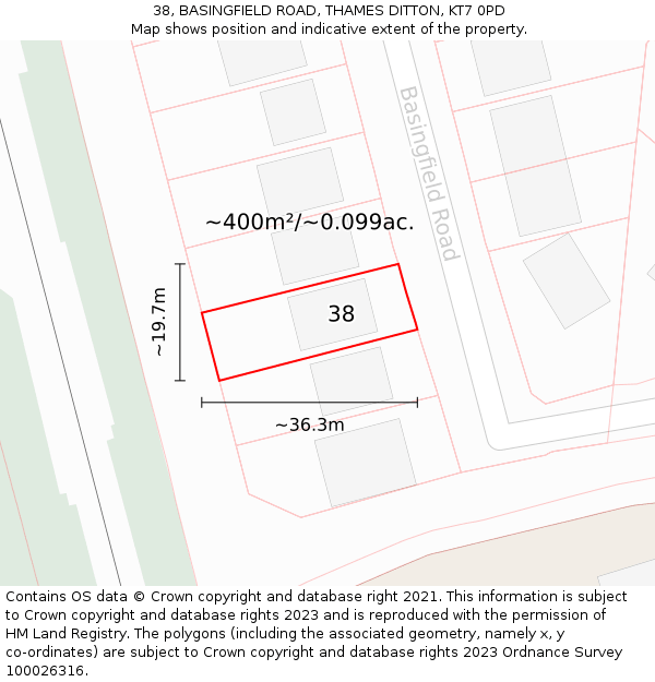 38, BASINGFIELD ROAD, THAMES DITTON, KT7 0PD: Plot and title map