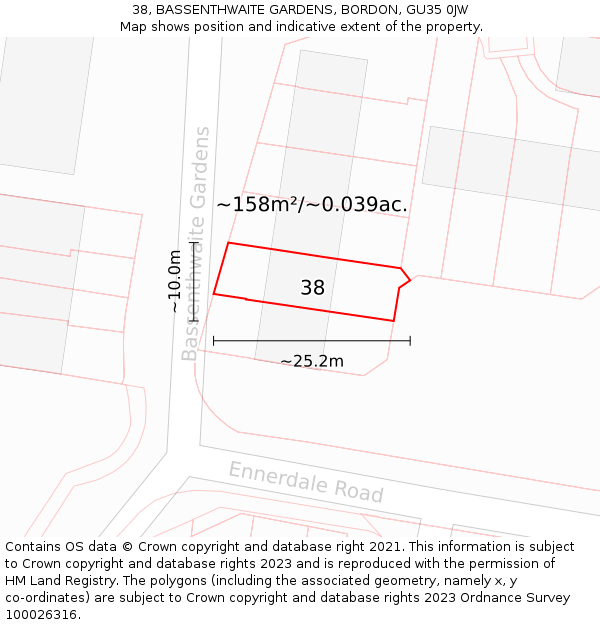 38, BASSENTHWAITE GARDENS, BORDON, GU35 0JW: Plot and title map