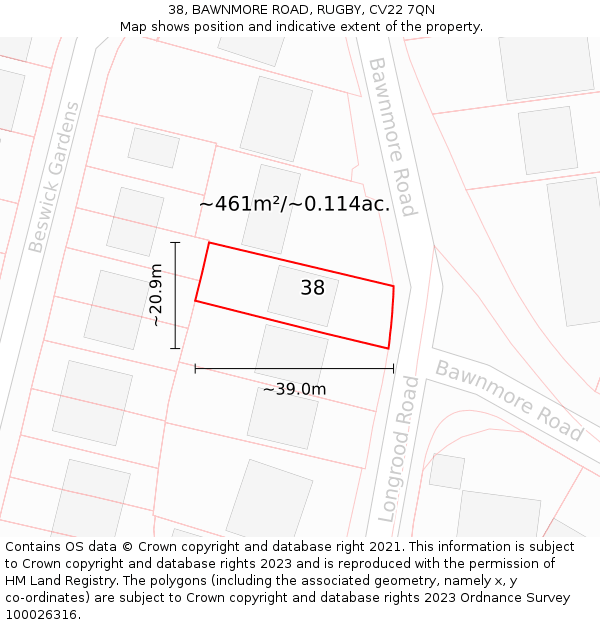 38, BAWNMORE ROAD, RUGBY, CV22 7QN: Plot and title map