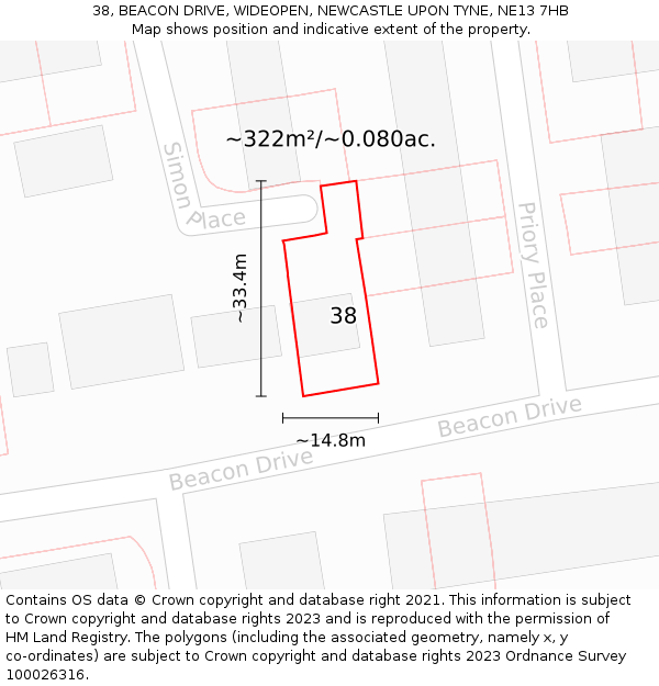 38, BEACON DRIVE, WIDEOPEN, NEWCASTLE UPON TYNE, NE13 7HB: Plot and title map