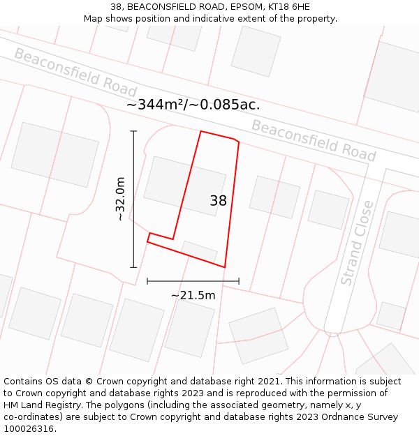 38, BEACONSFIELD ROAD, EPSOM, KT18 6HE: Plot and title map