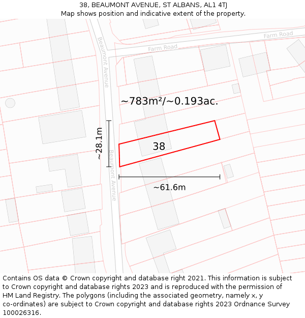 38, BEAUMONT AVENUE, ST ALBANS, AL1 4TJ: Plot and title map