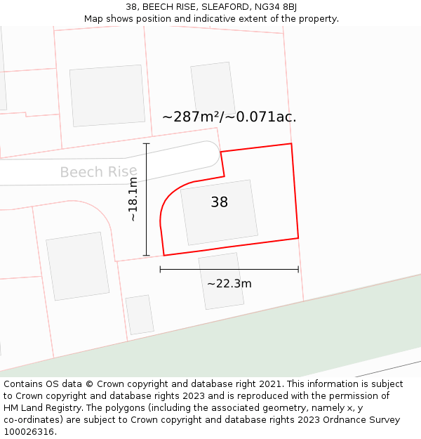 38, BEECH RISE, SLEAFORD, NG34 8BJ: Plot and title map